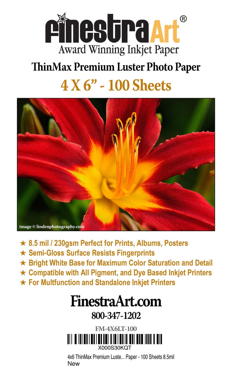 4" X 6" ThinMax Premium Luster Inkjet Photo Paper - 100 Sheets